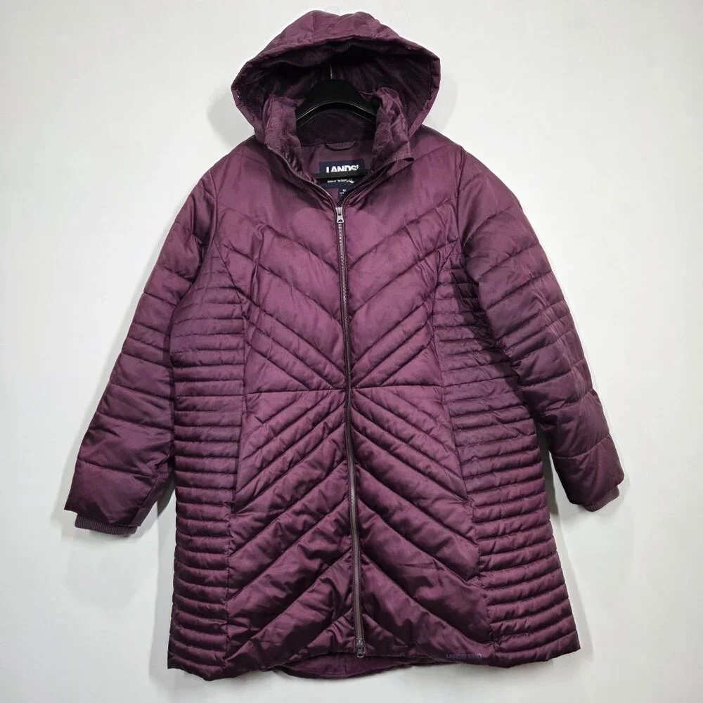 Lands End Coat Womens 1X Purple Insulated Quilted Hooded Long Parka